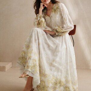 Multicolor Elegant Women's V-Neck Floral Print Sleeve Cottagecore Dress